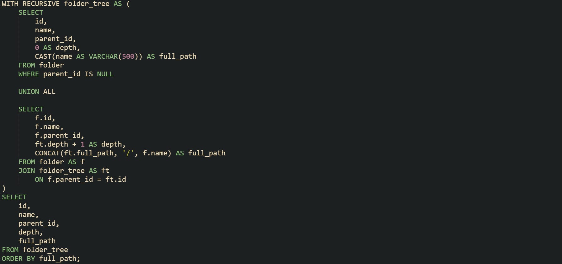 WITH RECURSIVE folder_tree AS (     SELECT         id,         name,         parent_id,         0 AS depth,         CAST(name AS VARCHAR(500)) AS full_path     FROM folder     WHERE parent_id IS NULL      UNION ALL      SELECT         f.id,         f.name,         f.parent_id,         ft.depth + 1 AS depth,         CONCAT(ft.full_path, '/', f.name) AS full_path     FROM folder AS f     JOIN folder_tree AS ft         ON f.parent_id = ft.id ) SELECT     id,     name,     parent_id,     depth,     full_path FROM folder_tree ORDER BY full_path;