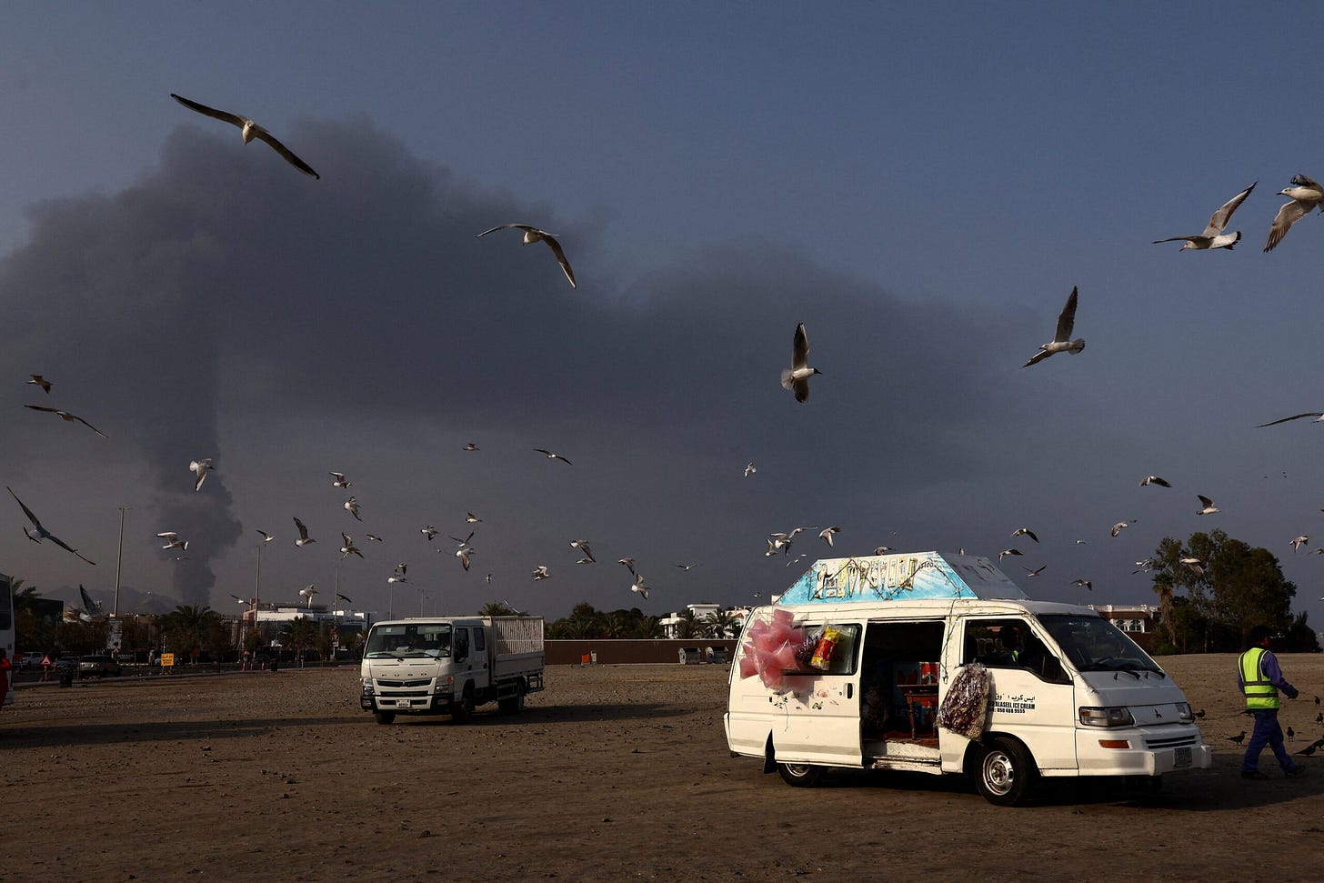 Birds fly as smoke rises in the Fujairah oil industry zone following a fire caused by debris after interception of a drone by air defenses, in Fujairah, the United Arab Emirates, March 3. (REUTERS/Amr Alfiky)
