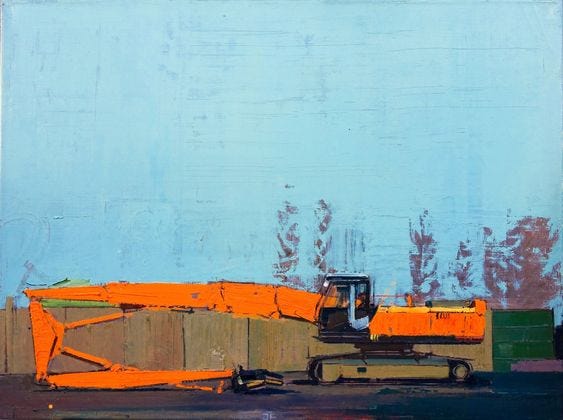 This may contain: an abstract painting of orange construction equipment against a blue background This may contain: an abstract painting of orange construction equipment against a blue background