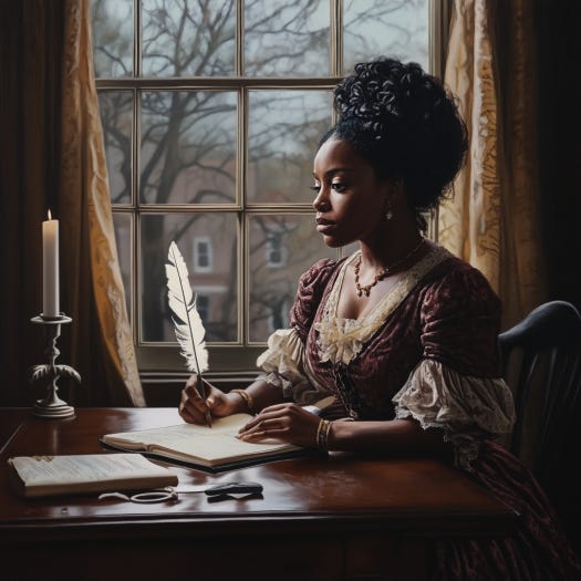 Woman wearing early 1800s dress, sitting by a window at a desk with a candle on it, writing with a quill pen. Created by author on Midjourney. Woman wearing early 1800s dress, sitting by a window at a desk with a candle on it, writing with a quill pen. Created by author on Midjourney.