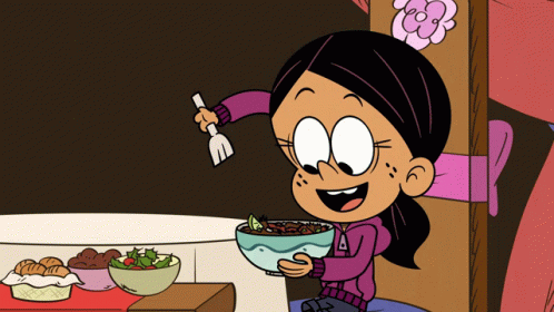 a cartoon of a girl holding a bowl of food with a fork