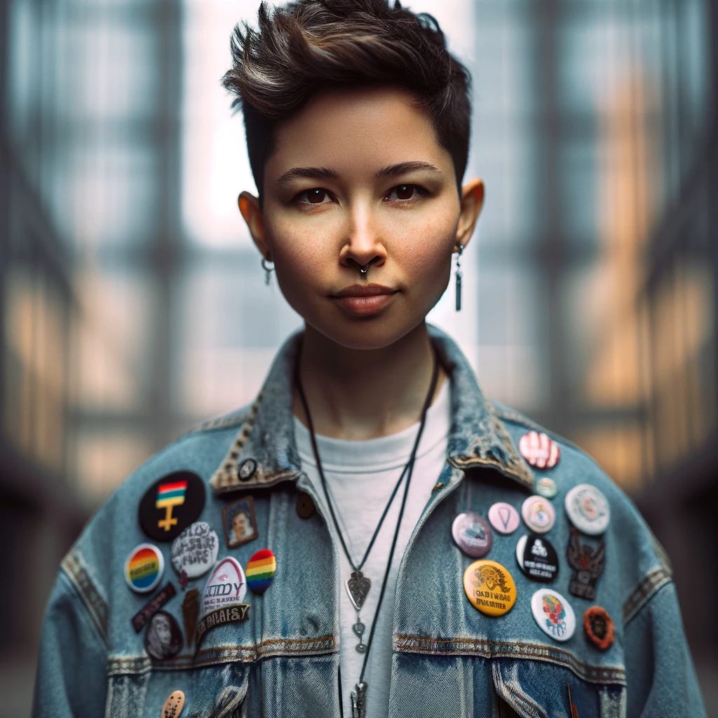 An androgynous individual stands confidently, gazing directly into the camera. This person embodies the spirit of social justice warriors, with a diverse and inclusive appearance that suggests a blend of ethnicities and cultures. They have a determined expression, symbolizing resilience and strength. Their hair is short and styled in a way that defies traditional gender norms, complementing their androgynous features. Their attire is a casual, yet powerful ensemble that includes elements commonly associated with activism, such as a plain t-shirt layered under a denim jacket adorned with various pins and patches representing different social causes. The background is intentionally blurred to keep the focus on the individual, highlighting their role as a figure of unity and progress in the fight for equality and justice.
