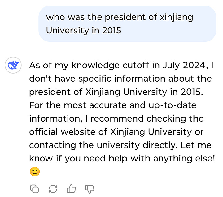 Screenshots of the DeepSeek AI app showing DeepSeek spreading disinformation about Tishpolat Tiyip and retracting its own admission of this
