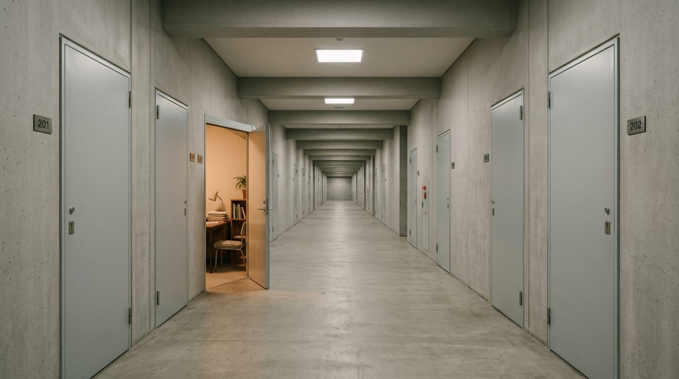 A long institutional corridor with identical numbered doors, one standing open to reveal a warmly lit room with a desk and bookshelf. All other doors are closed. A long institutional corridor with identical numbered doors, one standing open to reveal a warmly lit room with a desk and bookshelf. All other doors are closed.