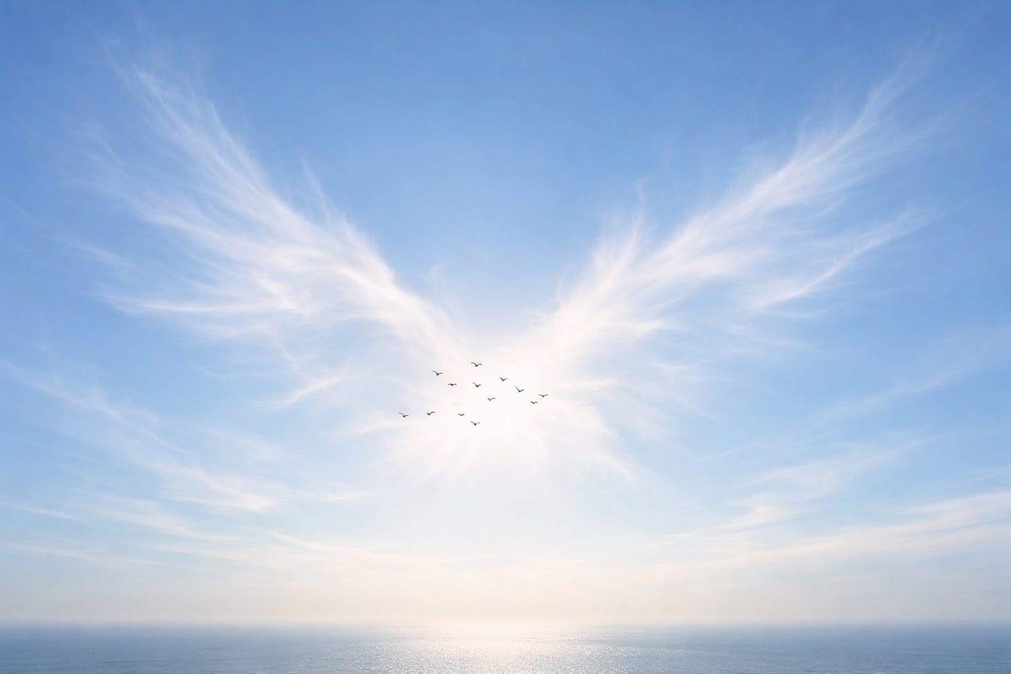 Wide, blue expansive sky. Flock of birds ascending toward clouds shaped as angel wings.