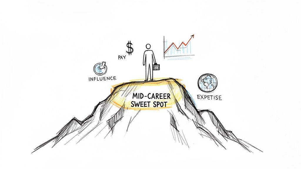 A person on a 'mid-career sweet spot' mountain, with icons representing influence, pay, and expertise. A person on a 'mid-career sweet spot' mountain, with icons representing influence, pay, and expertise.