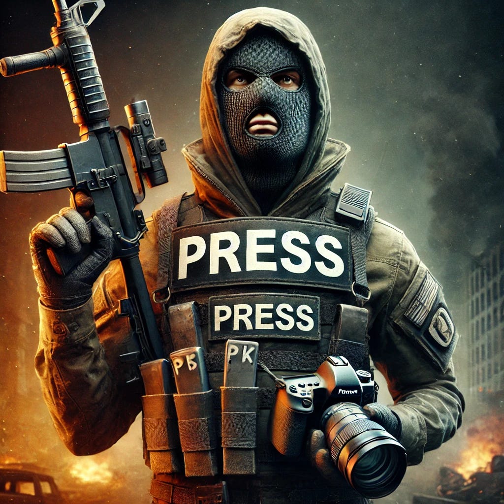 A digital painting of a masked terrorist wearing a press vest with 'PRESS' written in bold white letters. He holds a rifle while also carrying a camera, blending deception with violence. His face is partially hidden by a balaclava, revealing only intense eyes. The background is a war-torn urban setting with smoke, fire, and destruction, emphasizing the contrast between the press disguise and the true nature of the figure. Dramatic lighting highlights the duality of the character. Created using: cinematic realism, high detail, dramatic lighting, moody color grading, hyper-realistic textures, 4K resolution, intense depth of field, and photorealistic composition.