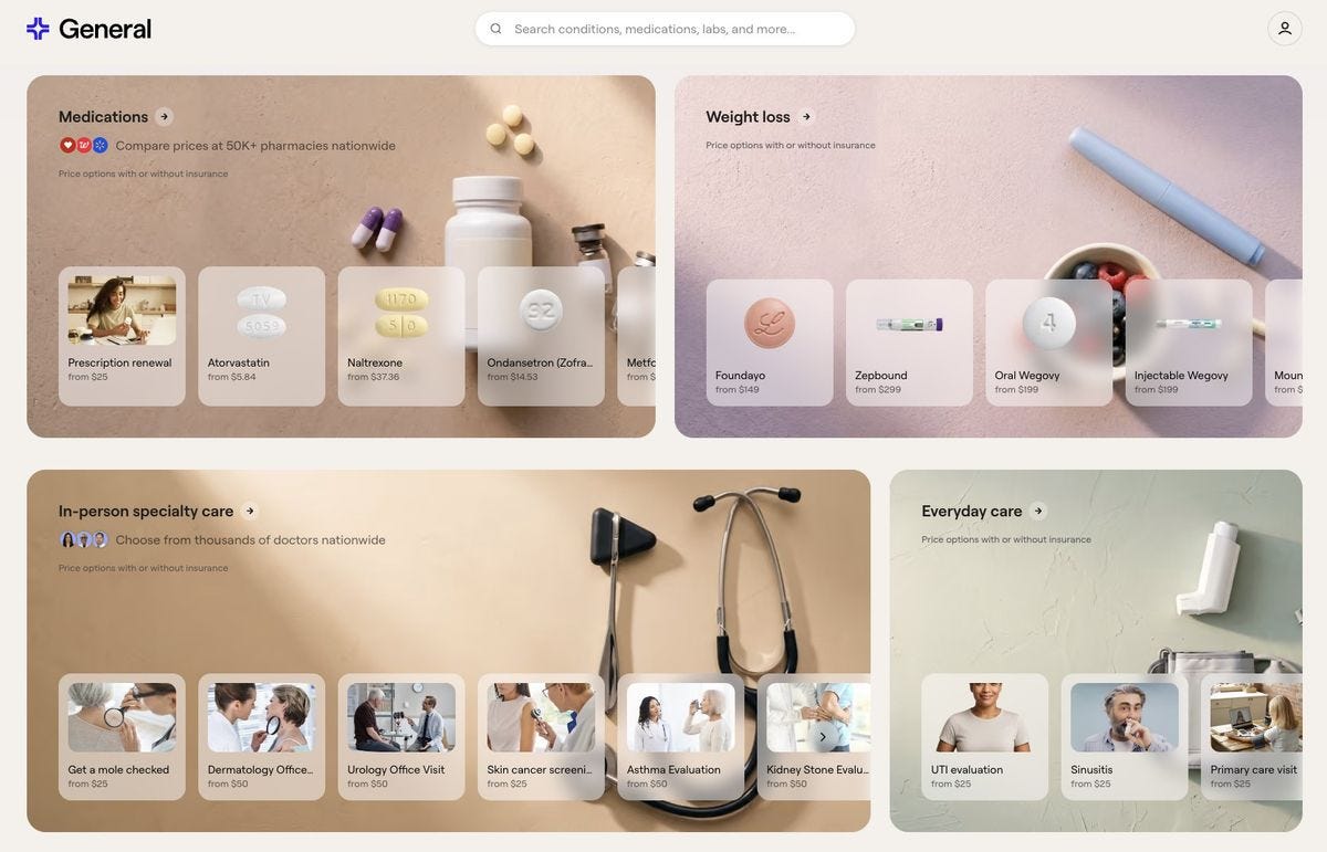 The General Medicine storefront, with categories for medications, weight loss, in-person specialty care and everyday care, each item listed with a starting price