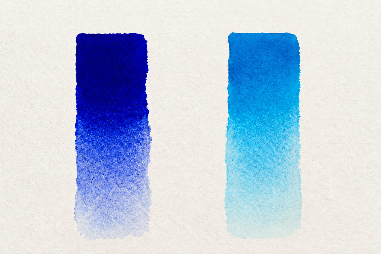 Side-by-side watercolor swatches of Ultramarine and Cerulean blue fading from saturated to pale.