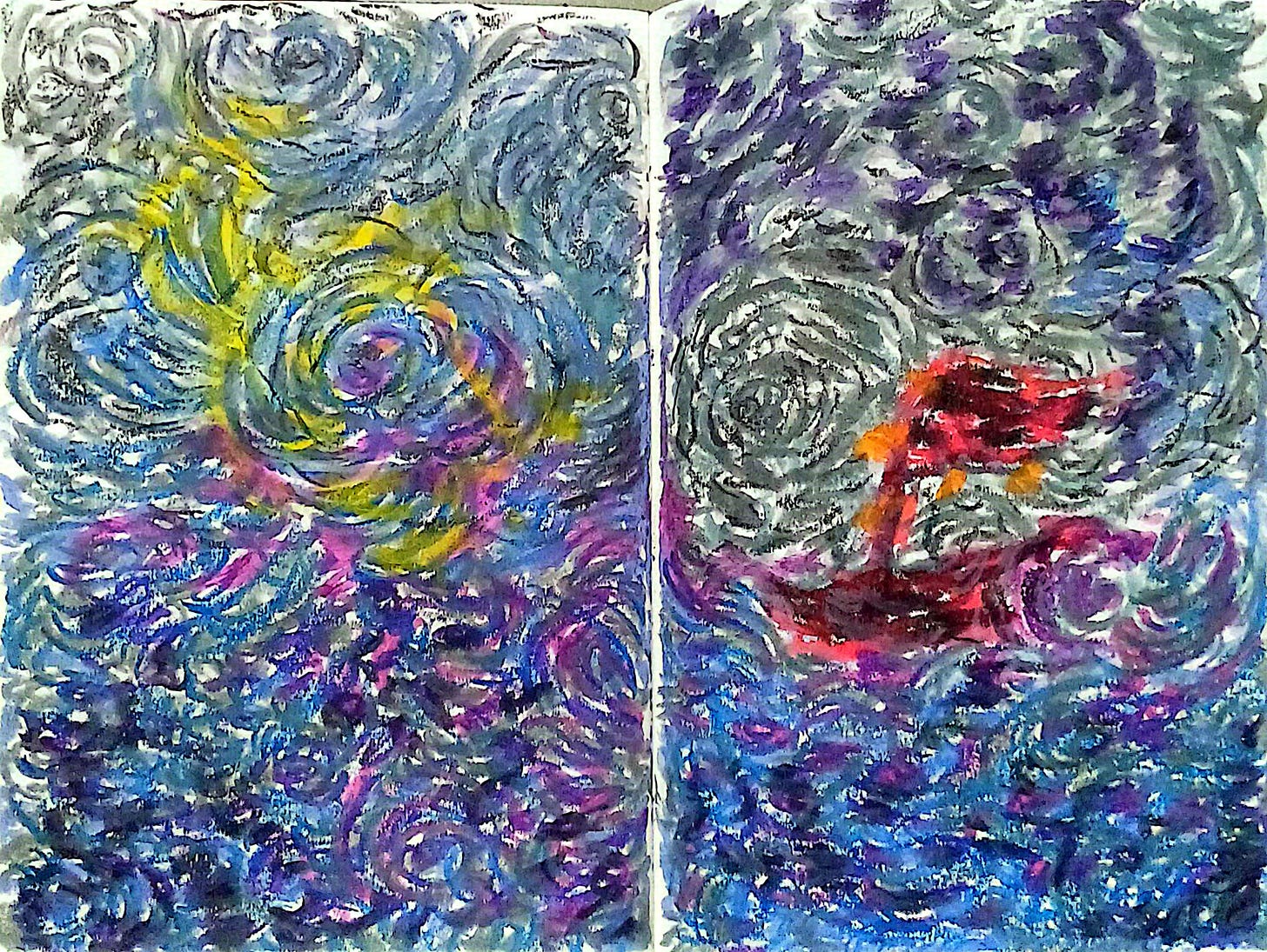 A two-page expressive painting of a turbulent sea and sky. Thick, swirling brushstrokes of blue, purple, and grey dominate the scene. On the left, a bright yellow crescent-like shape swirls in the sky; on the right, a small red boat with orange masts struggles against the dark, heavy waves
