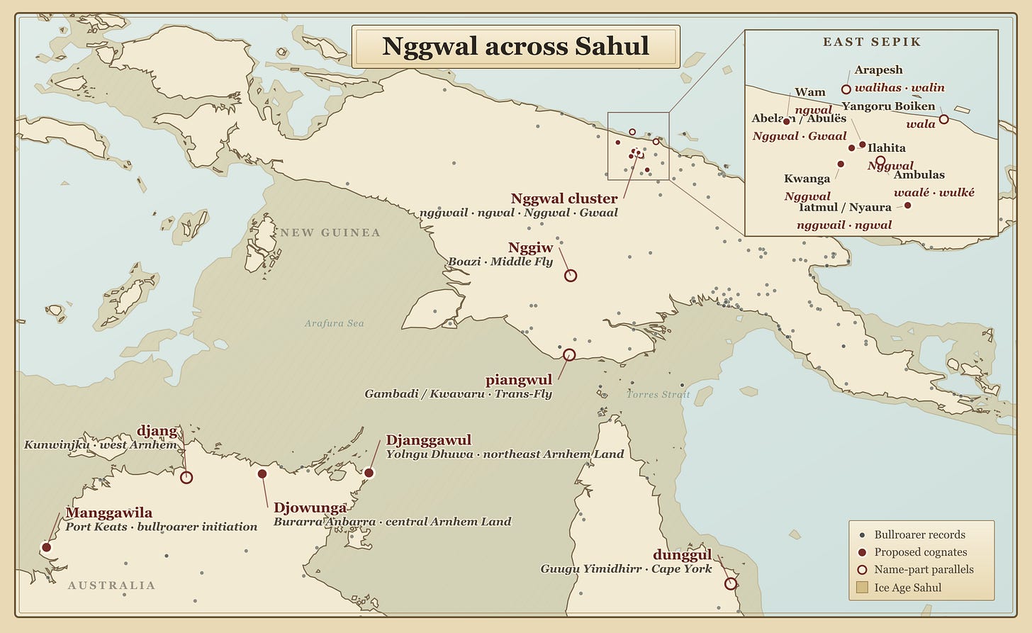 Map of New Guinea and northern Australia showing hundreds of bullroarer records and the sacred names compared in this essay.