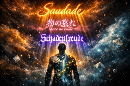 Untranslatable words glowing above a silhouetted figure, illuminating invisible emotional landscapes.