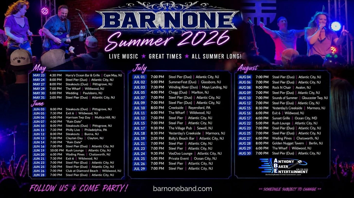 May be an image of text that says 'May MAY24 BARNONE Summer 2026 LIVE MUSIC GREAT TIMES July JUL01 7:00PM Duo) NJ ALL SUMMER LONG! AtlanticCity Pittsgrove, (Due) JUL03 Atlantic City. SteelPier (Duo) Atlantic City. NJ Glassboro, Landing. August AUG04 7:00PM 7:00P Steel Mariton, (Duo) MullicaHl,NJ City, NJ AtlanticCity.N NJ JUL11 AUG08 AUG09 AUG10 6:00PM RockNChair Avalon, (Duo) AUG16 AUG22 Beach Steel Marmora NJ AUG25 Steel 5:00PM AUG2 Wildwood, Atlantic JUL29 Ocean 7:00PM Nugget Steel FOLLOW us Berlin,N TheWharf Steel AtlanticCt NJ COME PARTY! NTHONY B AKER ENTERTAINMENT barnoneband.com'