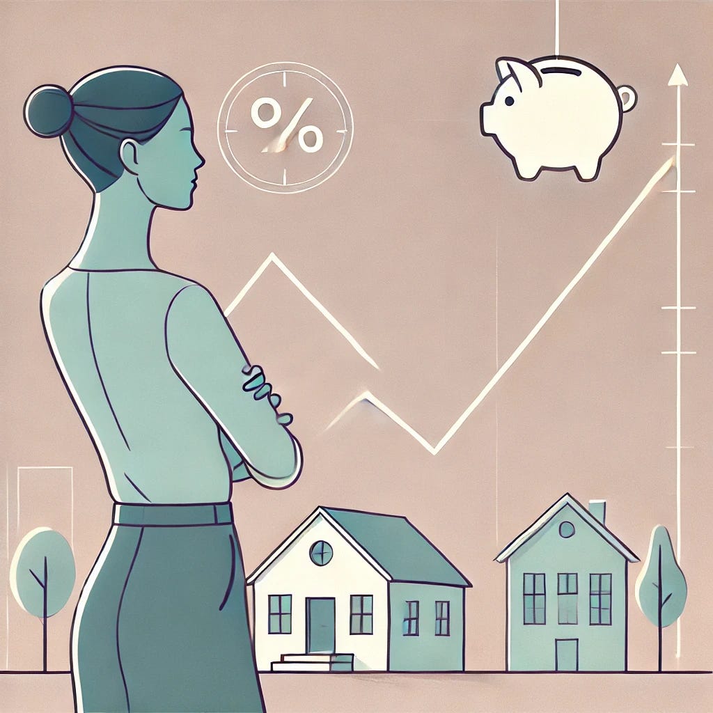 A minimalist illustration of a confident woman observing a simple line graph representing fluctuating mortgage rates. The image has clean lines and soft colors, with icons of a house and a piggy bank subtly integrated into the background. The focus is on financial empowerment, with the woman standing tall, symbolizing control and awareness of financial decisions. The style is sleek and modern, emphasizing clarity and simplicity in understanding economic cycles and interest rates.