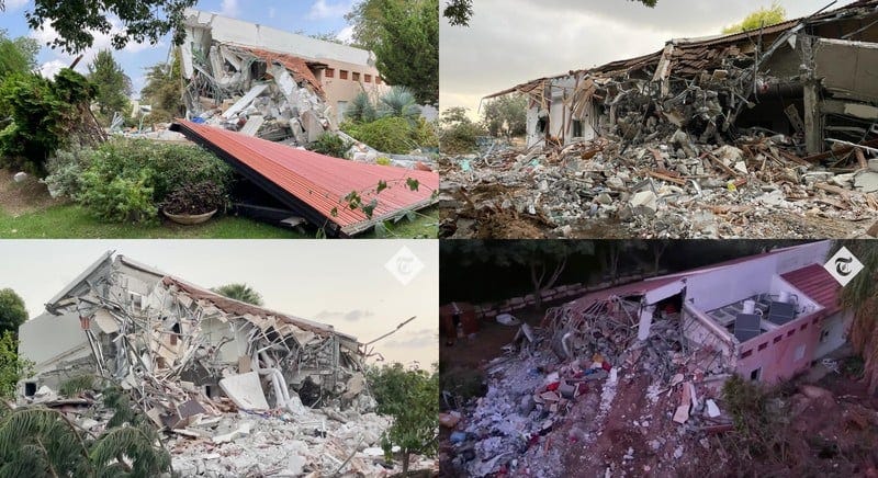 Collage shows four flattened buildings Collage shows four flattened buildings