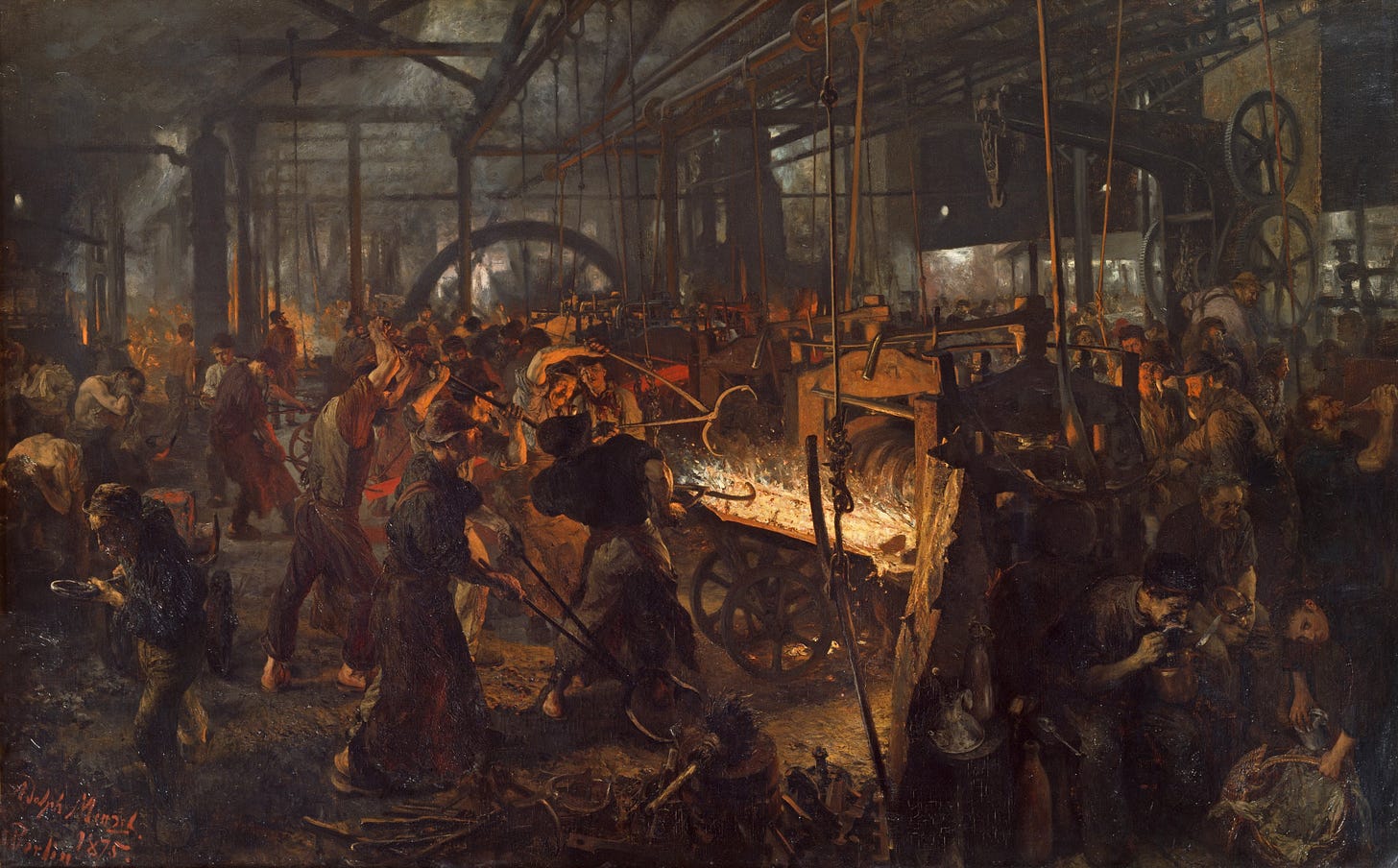 A detailed nineteenth-century oil painting of a dark, cavernous, and bustling industrial iron factory. In the center, a group of workers use long metal tongs to guide a white-hot, glowing slab of molten iron through a massive mechanical rolling machine, which casts an intense, dramatic orange light across their faces and strained bodies. Dozens of other laborers are scattered throughout the smoky, hazy factory floor—some resting, some operating heavy machinery, and others moving materials. In the background, a complex network of industrial pipes, wheels, and iron scaffolding stretches toward the high ceiling, capturing the chaotic, crowded scale of early industrial labor.