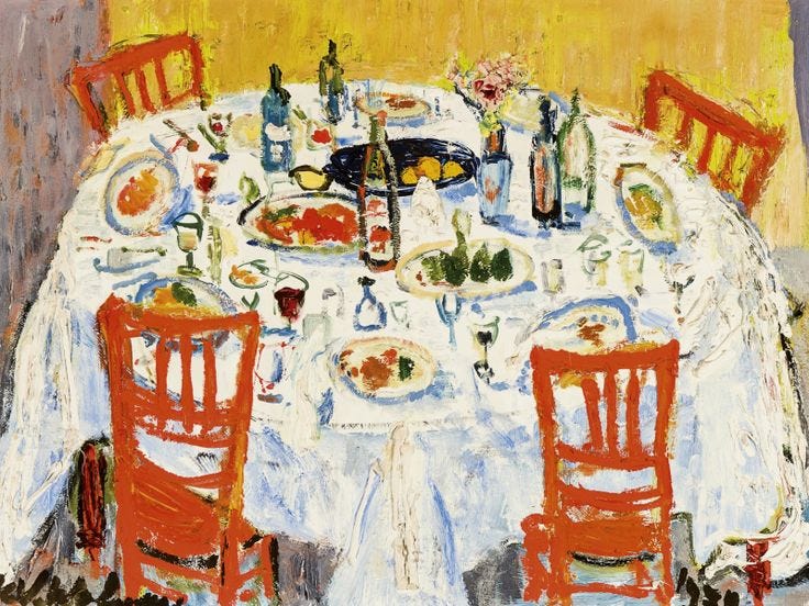 This may contain: a painting of a table with red chairs