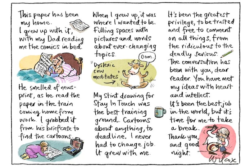 Wilcox’s farewell cartoon on Friday prompted a strong response from readers. Wilcox’s farewell cartoon on Friday prompted a strong response from readers.
