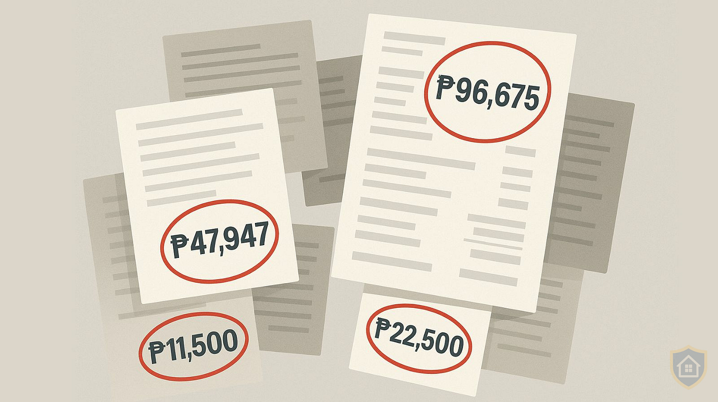 Multiple overlapping construction documents revealing hidden discrepancies and fraudulent billing in contractor estimates