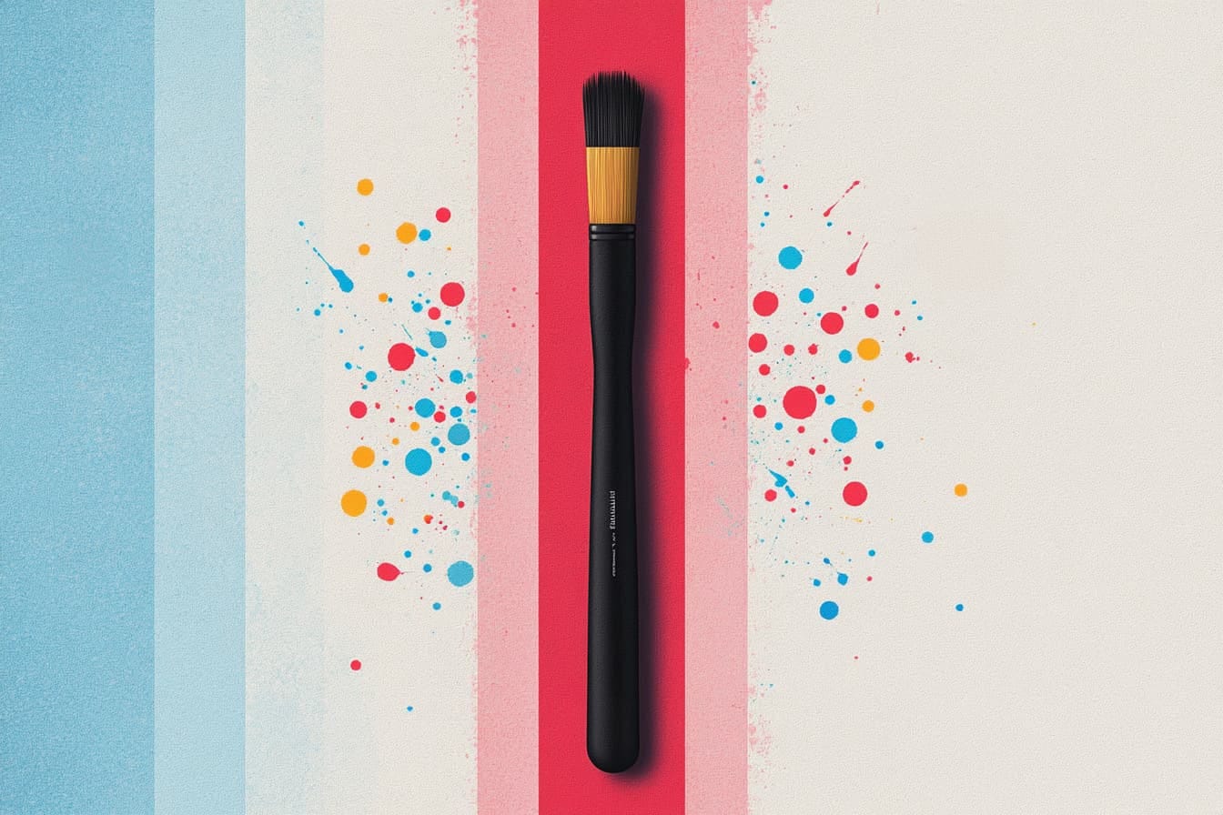 Illustration of a paintbrush on a blue, red, and neutral background