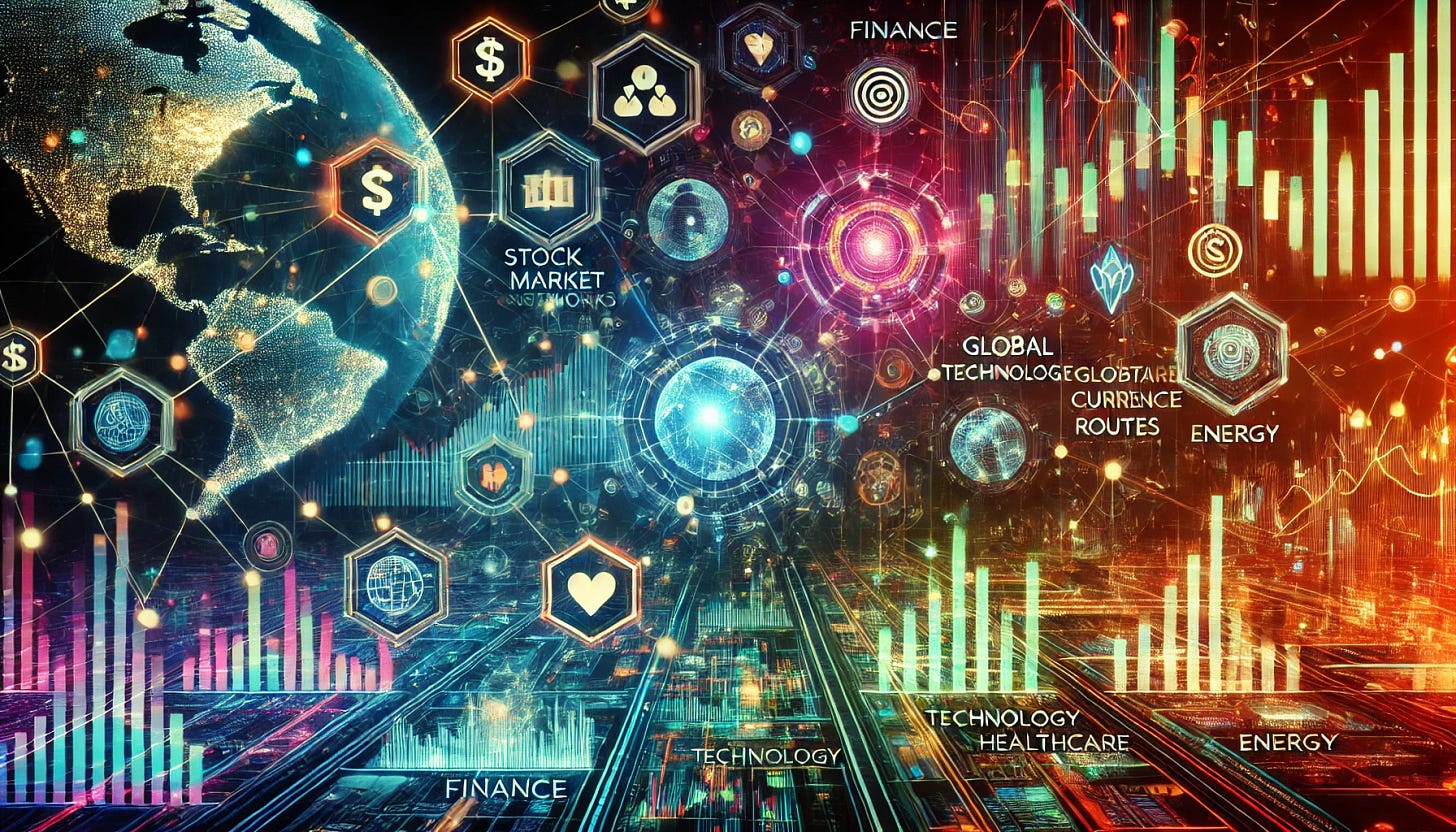 A futuristic abstract digital artwork representing economic influence across various sectors. The image features interconnected financial networks, stock market graphs, global trade routes, and digital currency flows. Bright, vivid neon colors illuminate the composition, creating a high-tech, cyberpunk aesthetic. Elements such as AI-driven economic analysis, holographic charts, and interwoven industry symbols (finance, technology, healthcare, energy) should convey the interconnected nature of economic power. The background should have deep contrast to emphasize the glowing economic data streams.