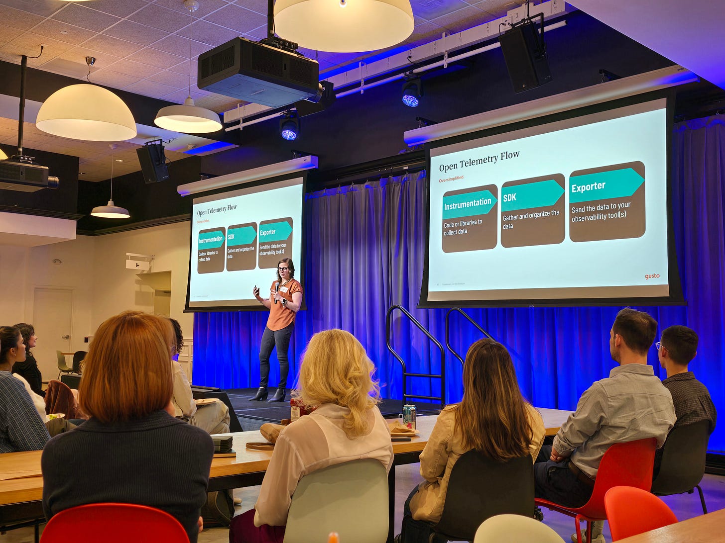Mindi speaking in front of the Gusto Lightning Talks for Women and Folks in Tech Denver event on April 22, 2025