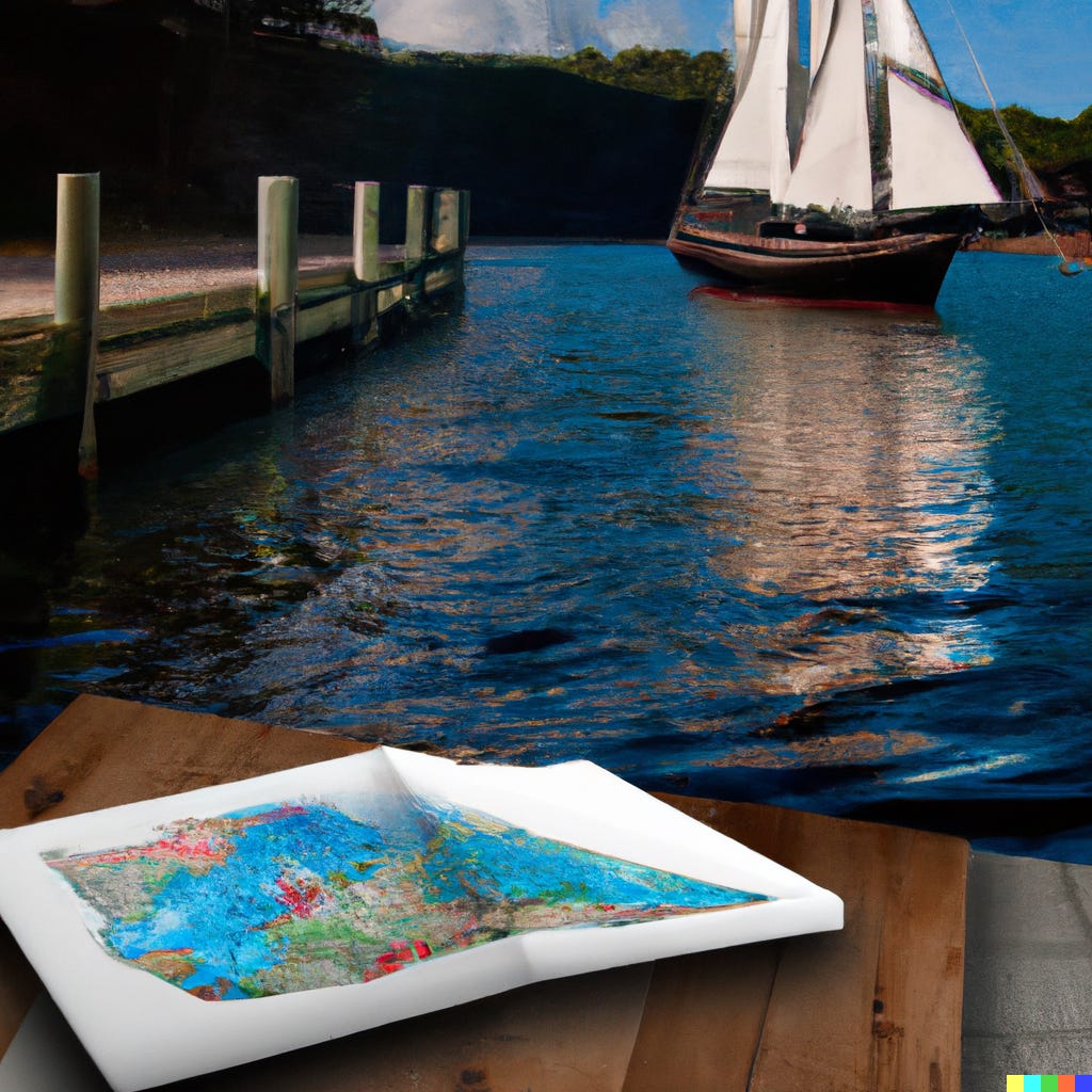 Oil painting of a sailboat leaving the harbor while a map lies on the ground on the boat dock