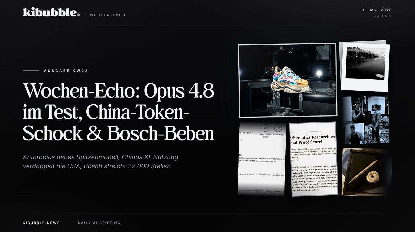 Wochen-Echo: Opus 4.8 im Test, China-Token-Schock & Bosch-Beben Wochen-Echo: Opus 4.8 im Test, China-Token-Schock & Bosch-Beben