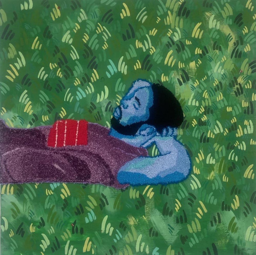 A blue-skinned figure lies in green grass with a closed red book resting on their chest.