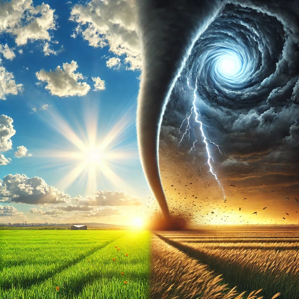 A realistic image of contrasting weather changes with one side showing a bright, sunny day and the other side a powerful tornado. The sunny side features a clear blue sky, radiant sunlight, green fields, and a peaceful atmosphere. In contrast, the tornado side shows dark, swirling storm clouds, intense winds, and dust being pulled up by the tornado. The transition between the two sides is seamless, creating a stark, dramatic contrast between calm and severe weather. Realistic textures and lighting to enhance the natural and intense feel of each weather type.