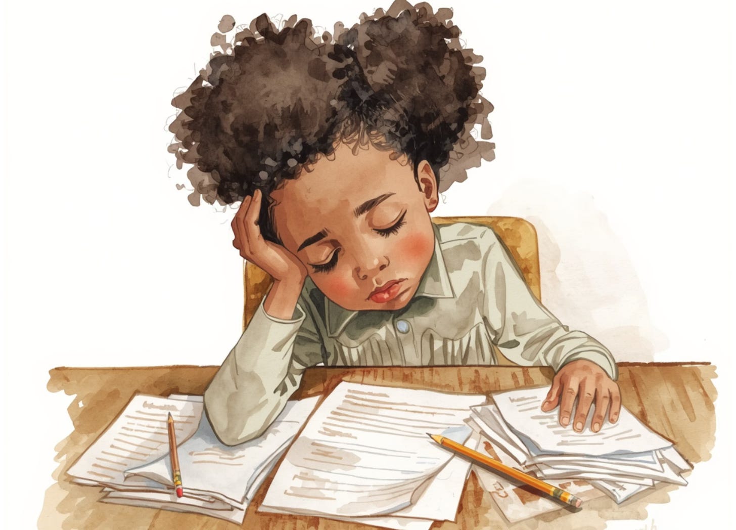 A homeschooled child is looking overwhelmed and uninterested in her school work. Too many papers, too much to do. A homeschooled child is looking overwhelmed and uninterested in her school work. Too many papers, too much to do.