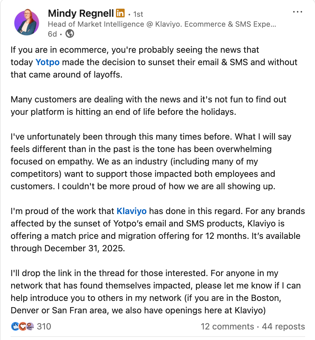LinkedIn post by a Klaviyo employee acknowledging the Yotpo sunsetting, offering assitance to affected Yotpo employees and customers