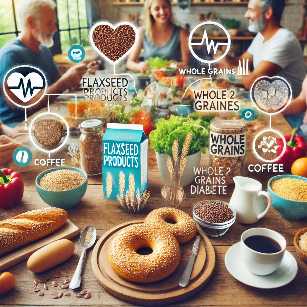 A diverse group of people enjoying a meal that includes flaxseed products, whole grains, and coffee. The setting is a bright and cheerful kitchen with healthy foods displayed prominently. There are visual representations of the benefits of these foods for preventing type 2 diabetes, such as happy, active people and symbols of health like hearts and check marks. The image should convey a sense of well-being and health.