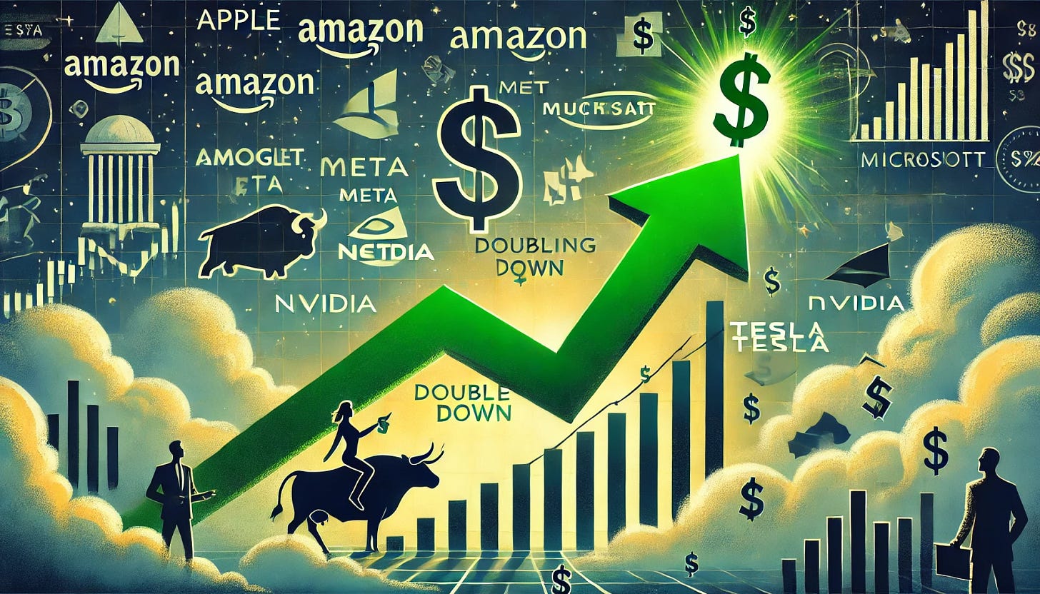 An illustration of doubling down on a bullish bet on a Magnificent-7 stock. The scene shows a stock market graph trending upwards with a bold green arrow indicating a bullish trend. There are two large dollar signs at the base of the arrow, symbolizing doubling the investment. In the background, silhouettes of the Magnificent-7 stocks (such as Apple, Amazon, Google, Meta, Microsoft, Nvidia, and Tesla) are depicted as recognizable icons or logos, subtly integrated into the upward trend of the graph. The overall color scheme is green and gold, conveying prosperity and growth.