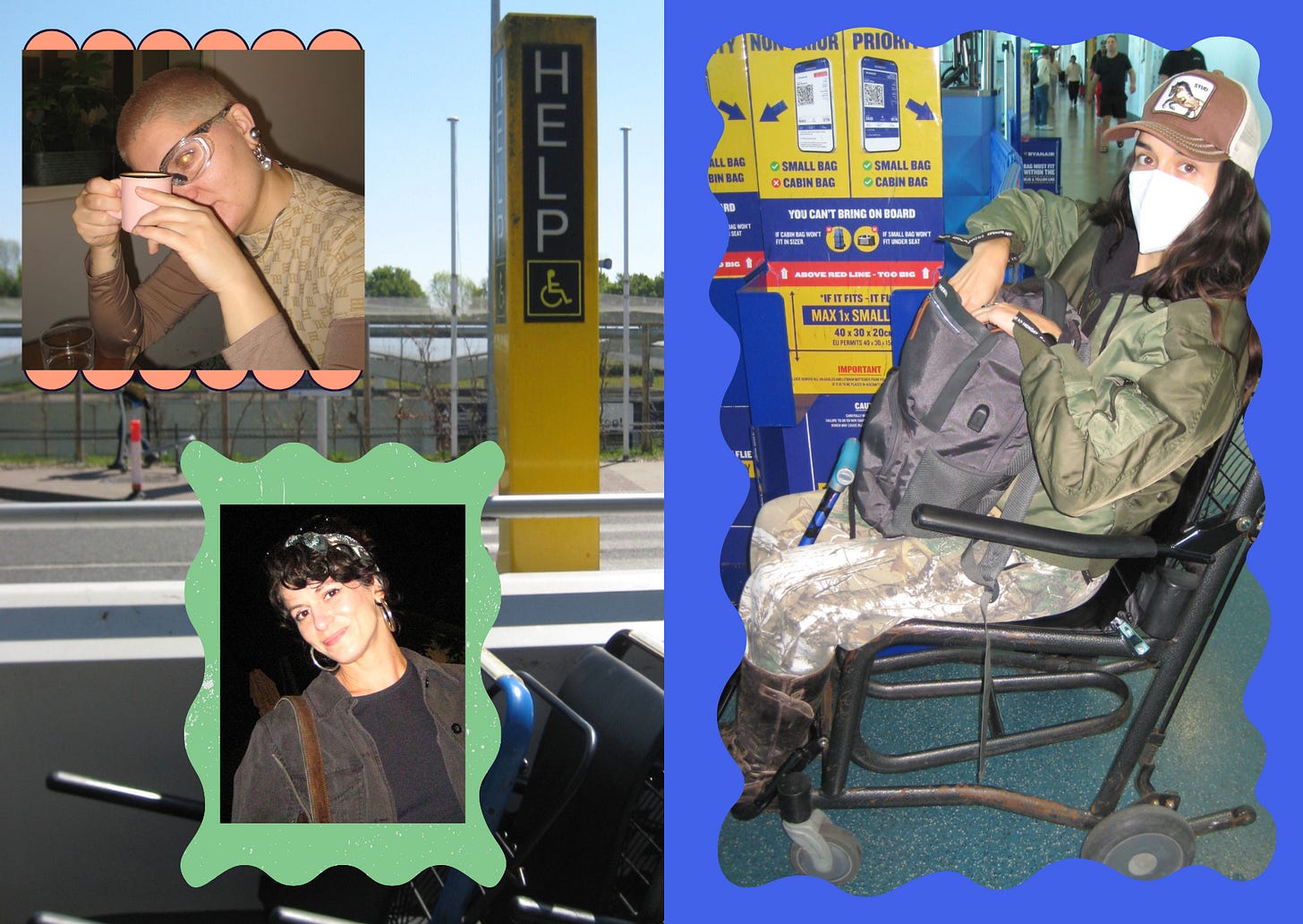 Collage showing two portrait photos on the left and a person sitting in a wheelchair beside an accessibility and baggage-information sign on the right.