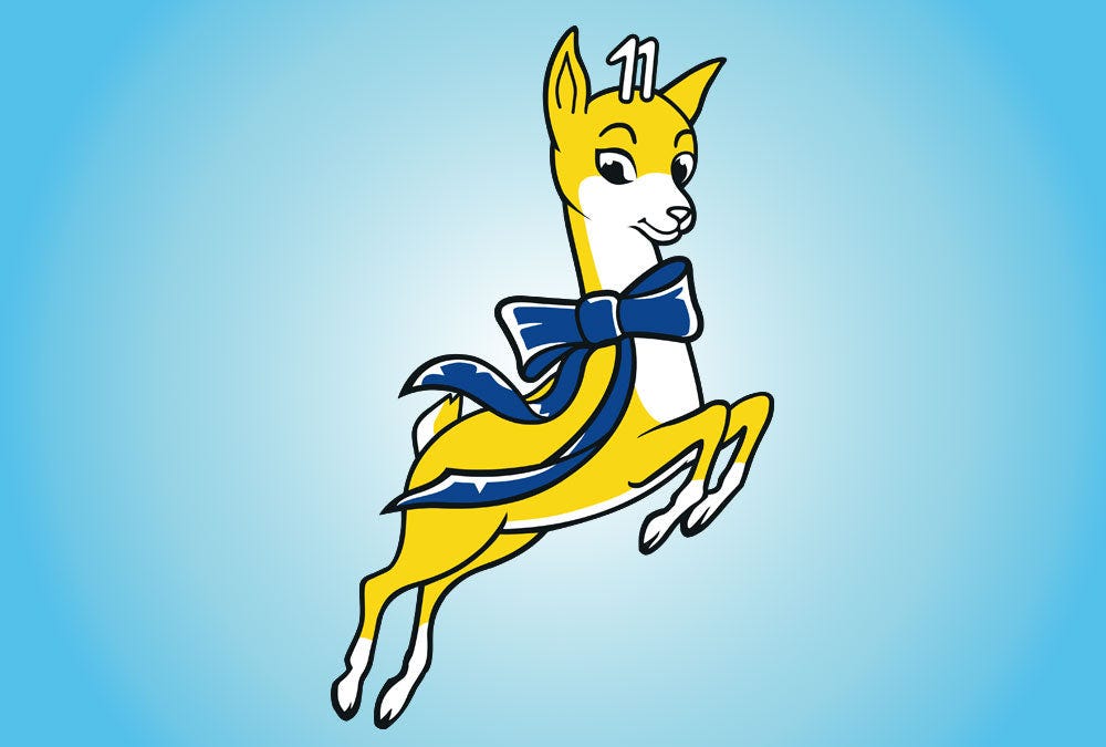 Babycham deer. A cute yellow and white deer leaping in mid-air with a blue bow around its neck.