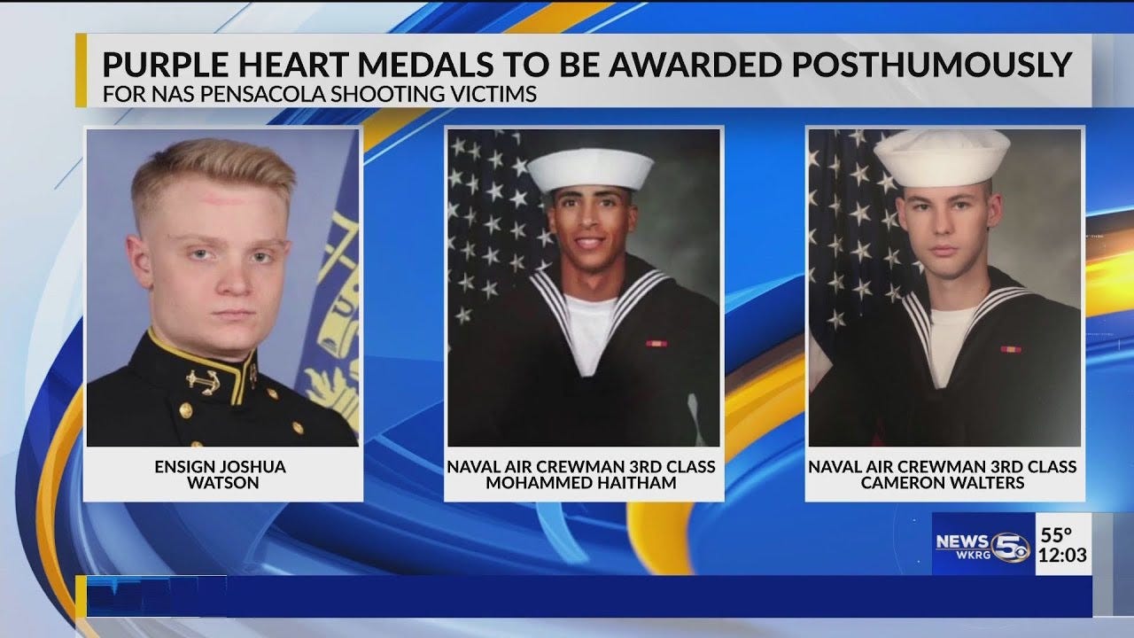 VIDEO: NAS Pensacola shooting victims to receive Purple Heart Medals at  memorial service