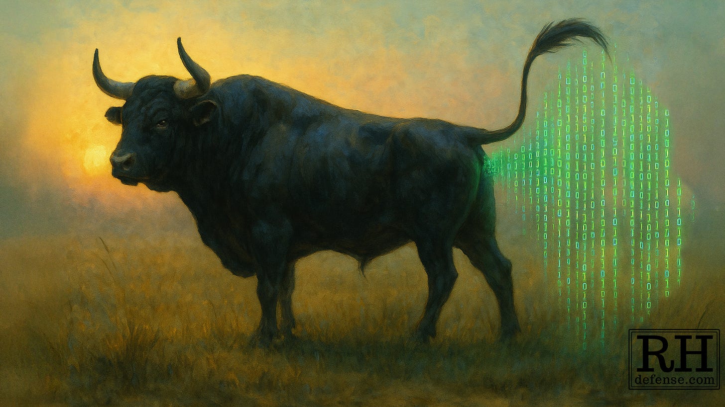 A muscular black bull stands in a field at sunrise with its tail raised. From its rear end streams a glowing column of green digital code, parodying flatulence and symbolizing AI “bullshit.” A muscular black bull stands in a field at sunrise with its tail raised. From its rear end streams a glowing column of green digital code, parodying flatulence and symbolizing AI “bullshit.”
