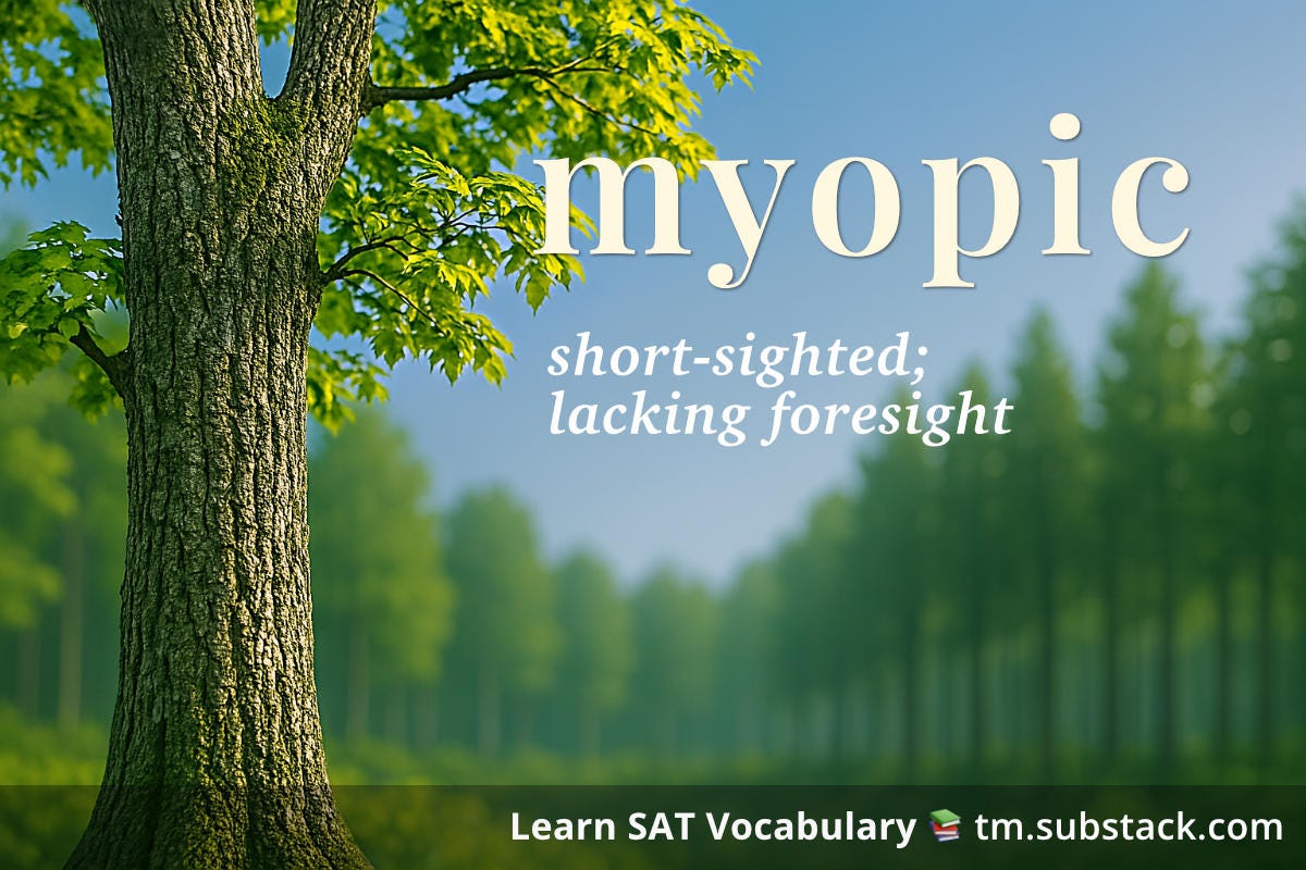Illustration of a tree in the foreground with a blurry forest in the background; used to illustrate the SAT word 'myopic'.