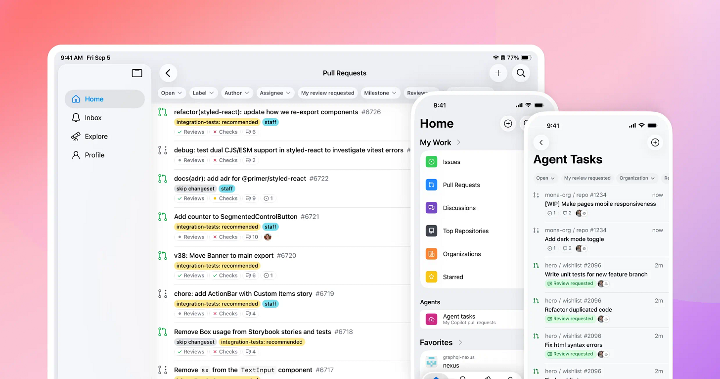 Three GitHub mobile app screens are shown: one is a tablet screen and the other two are phone screens. The tablet screen shows a list of pull requests. The first phone screen displays the GitHub mobile app home UI, and the second phone screen displays a list of agent tasks. Three GitHub mobile app screens are shown: one is a tablet screen and the other two are phone screens. The tablet screen shows a list of pull requests. The first phone screen displays the GitHub mobile app home UI, and the second phone screen displays a list of agent tasks.