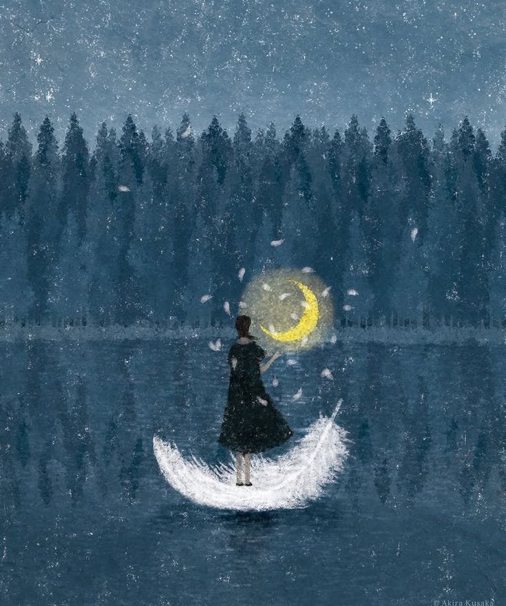 This may contain: a woman standing on top of a moon floating in the water This may contain: a woman standing on top of a moon floating in the water