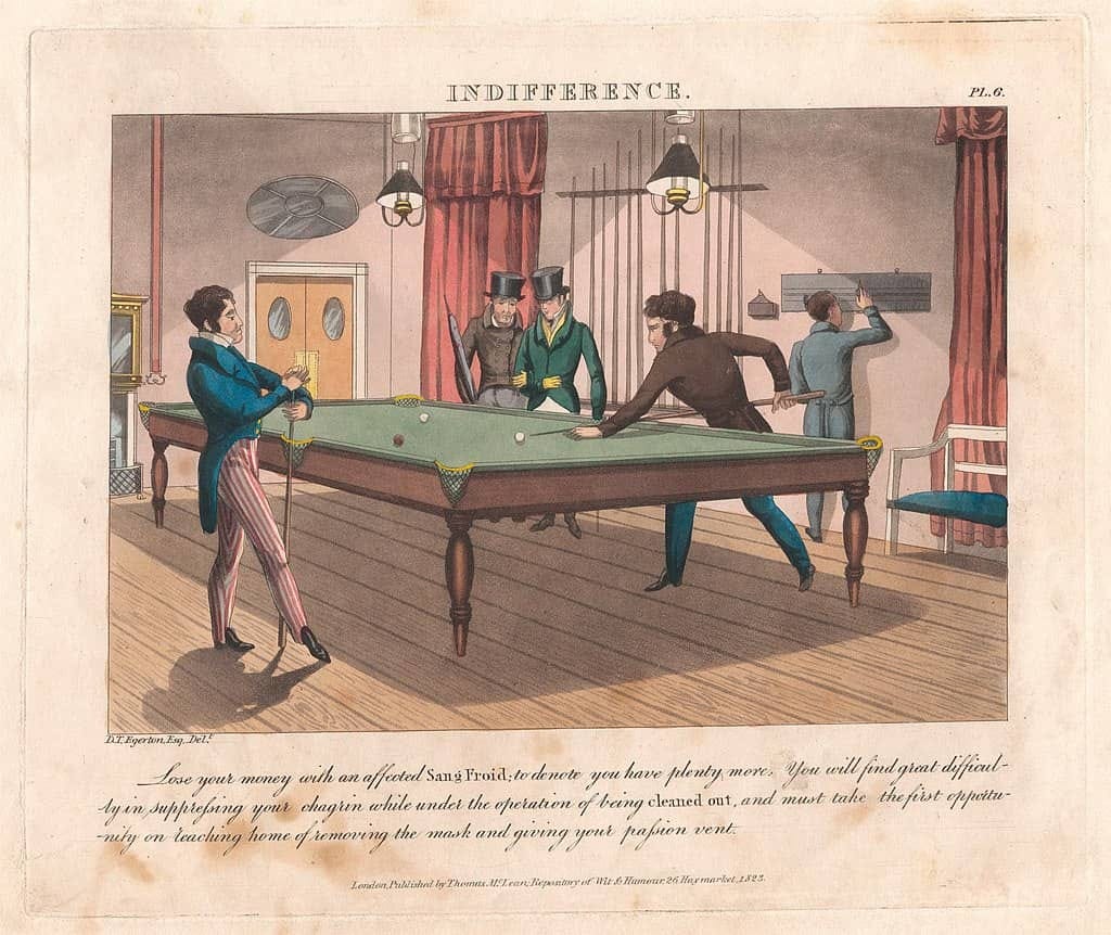 ‘Indifference’ – one of a set of 12 prints by Daniel Thomas Egerton showing well-dressed Victorian gentlemen paying billiards in an elegantly furnished room, 1823. ‘Indifference’ – one of a set of 12 prints by Daniel Thomas Egerton showing well-dressed Victorian gentlemen paying billiards in an elegantly furnished room, 1823.