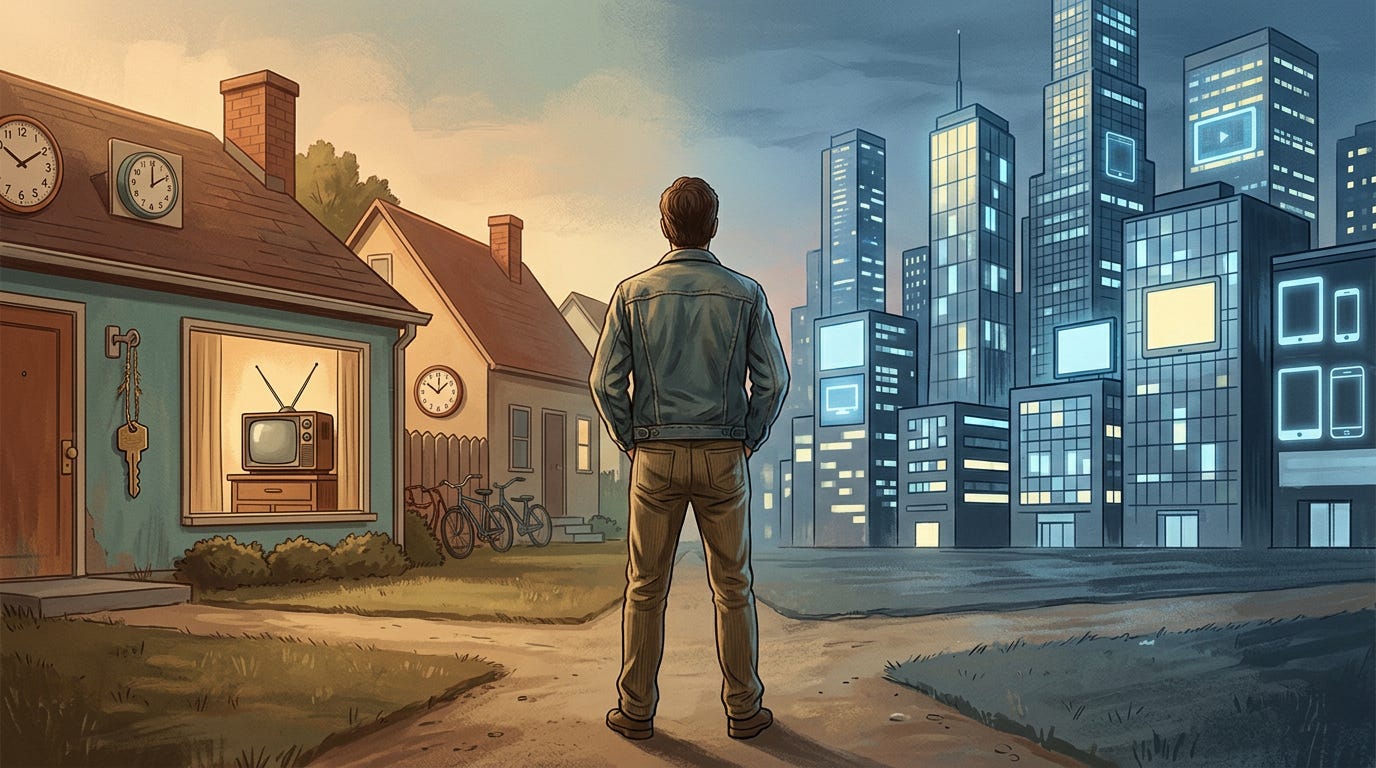A Gen X'er looking at a big city to his right and a small house to his left A Gen X'er looking at a big city to his right and a small house to his left
