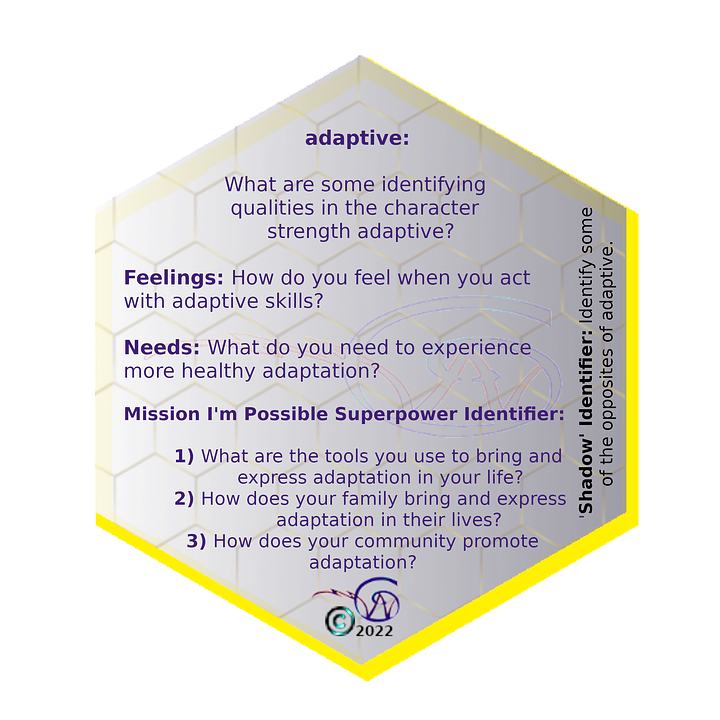 game card, VIA Character Strengths and Virtues, Adaptive, definition and missions for the game SparkITude.