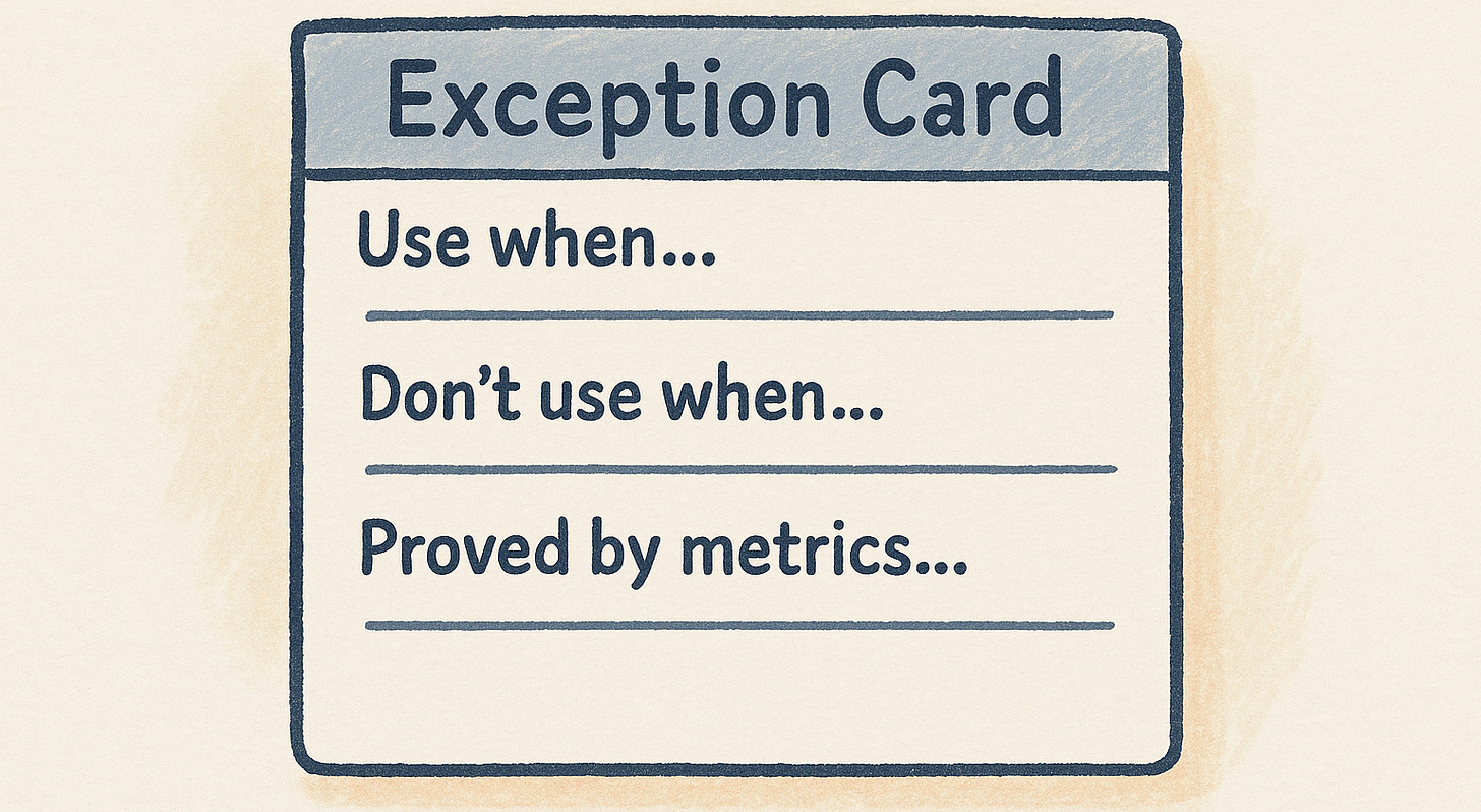 “Template for capturing and sharing an approved exception to a standard pattern.”