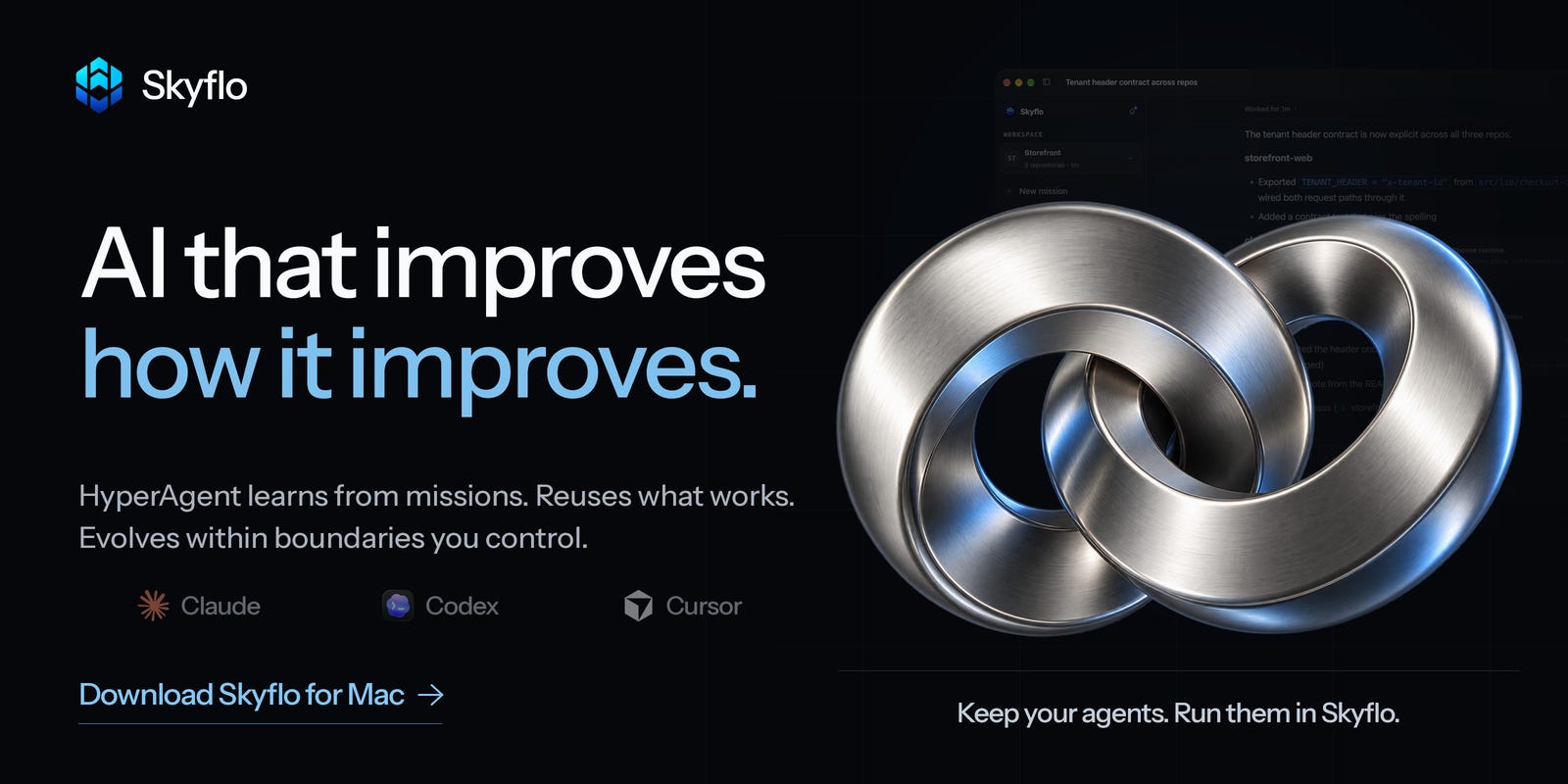 Two interlocking metallic loops illustrate Skyflo's HyperAgent, with Claude, Codex and Cursor references below the supporting copy.