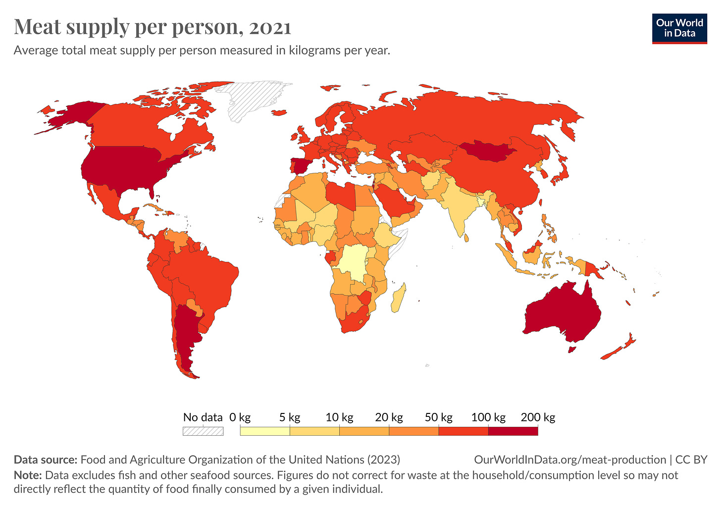Map showing meat supply per person globally.