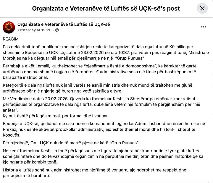 Reagimi i OVL-së më 23 Shkurt, 2026.