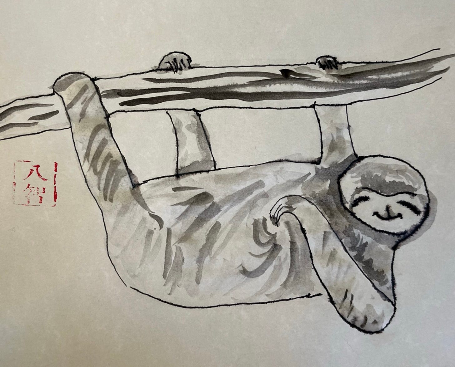 Monochrome brush painting of a three-toed sloth, hanging by three legs from a branch, looking toward viewer with a sloth smile and scratching its body with one three-clawed leg