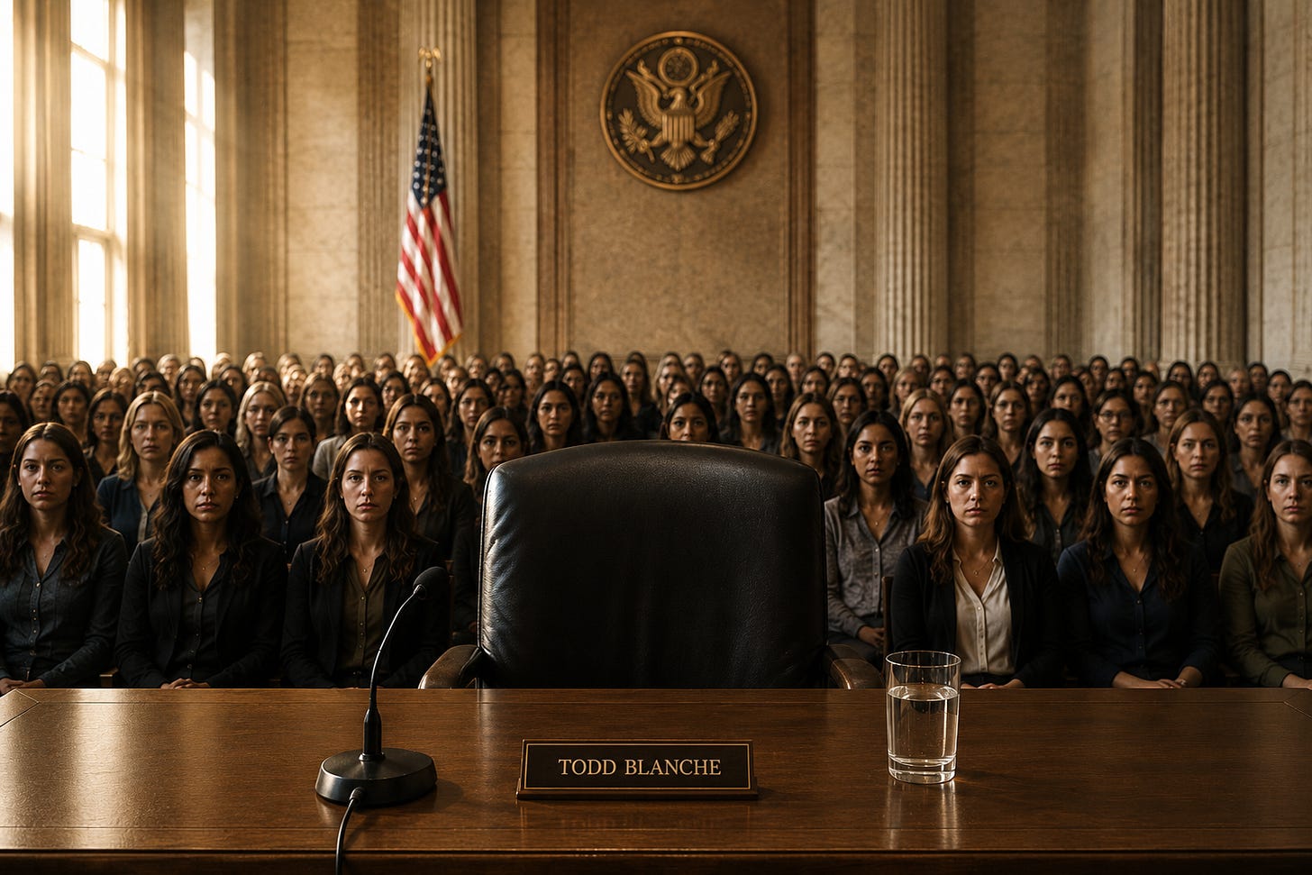 AI-generated image of a Senate room filled with survivors sitting behind an empty chair and desk for Todd Blanche